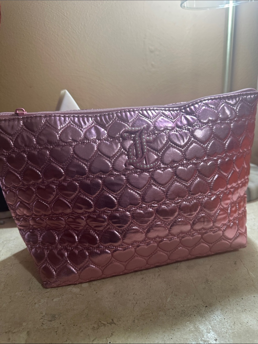 Juicy Couture Metallic Pink Quilted Heart Cosmetic Bag